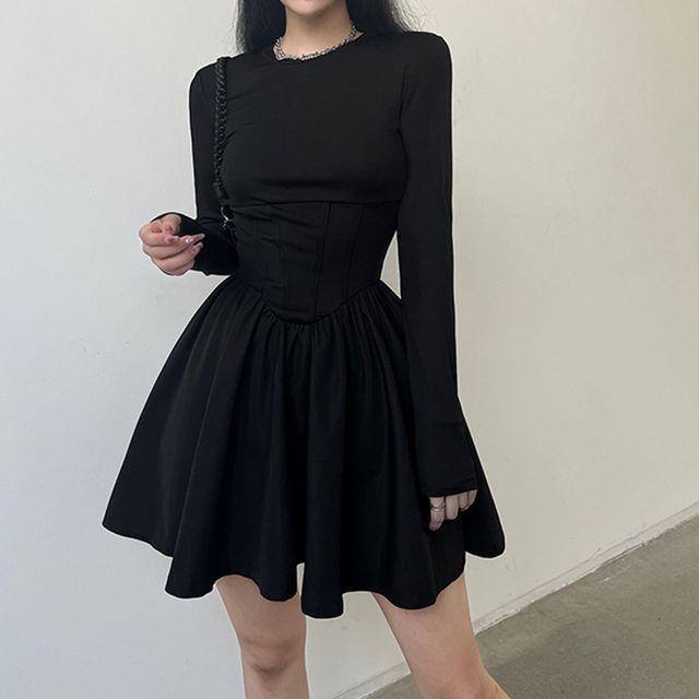 Dictynna - Long-Sleeve Crew Neck Plain Mini Corset Dress | YesStyle Dictynna - Long-Sleeve Crew Neck Plain Mini Corset Dress | YesStyle