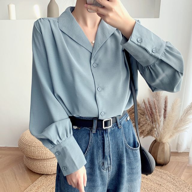 Superduper-Long-Sleeve Button-Up Open-Collar Blouse