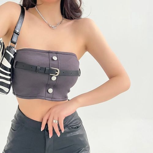 Set: Plain Button-Up Tube Top + Faux Leather Belt