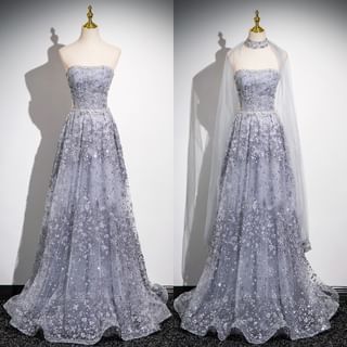 Keiko Girl Set: Sequin Mesh A-Line Tube Evening Gown + Cape Sale