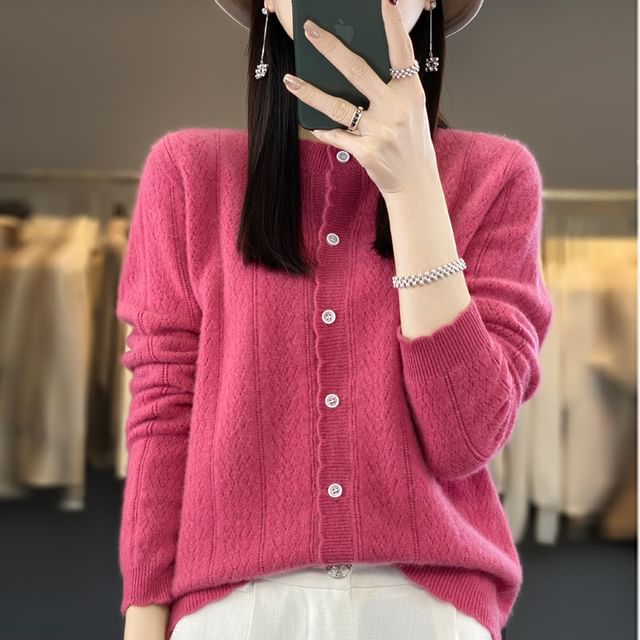 Weelop-Crew Neck Plain Pointelle Knit Cardigan