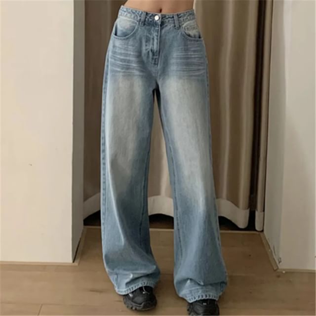 Asiris-Mid Waist Washed Baggy Jeans