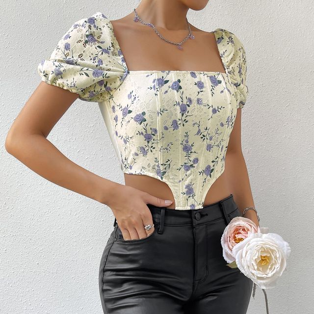 maplerain - Puff-Sleeve Floral Cropped Corset Top