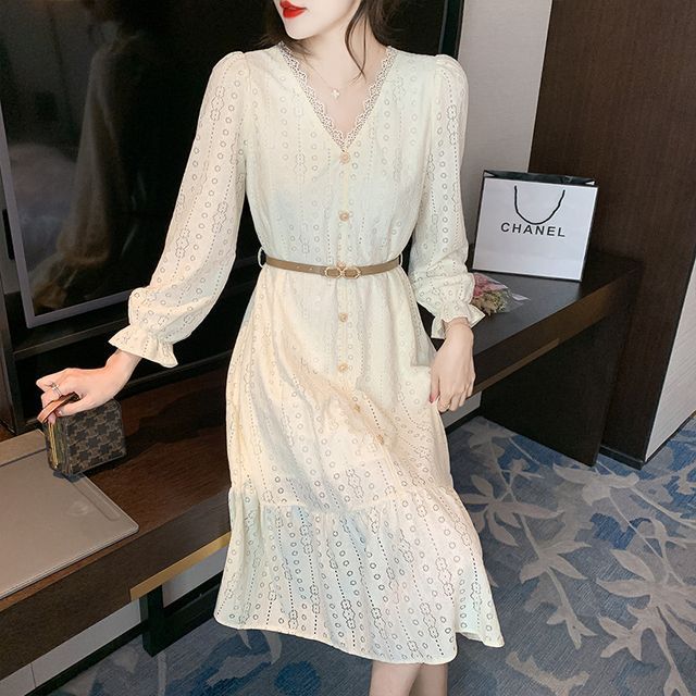 Gray House - V-Neck Lace-Trim Long-Sleeve Midi Dress | YesStyle