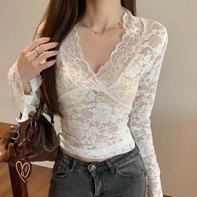 Cloud Nine-Long Sleeve V-Neck Plain Lace Top