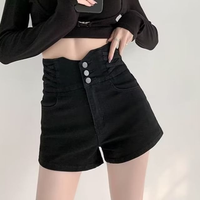 Wildfoea-High Waist Plain Button Fly Denim Shorts