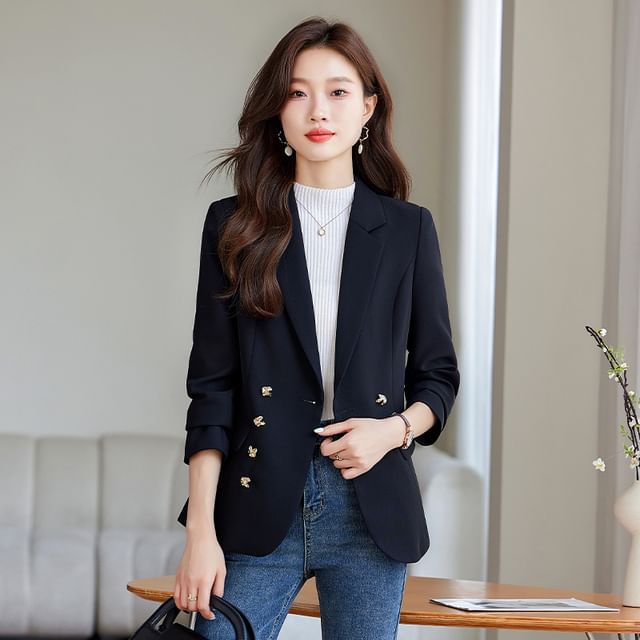 Skyheart-Notch Lapel Plain Double-Breasted Blazer