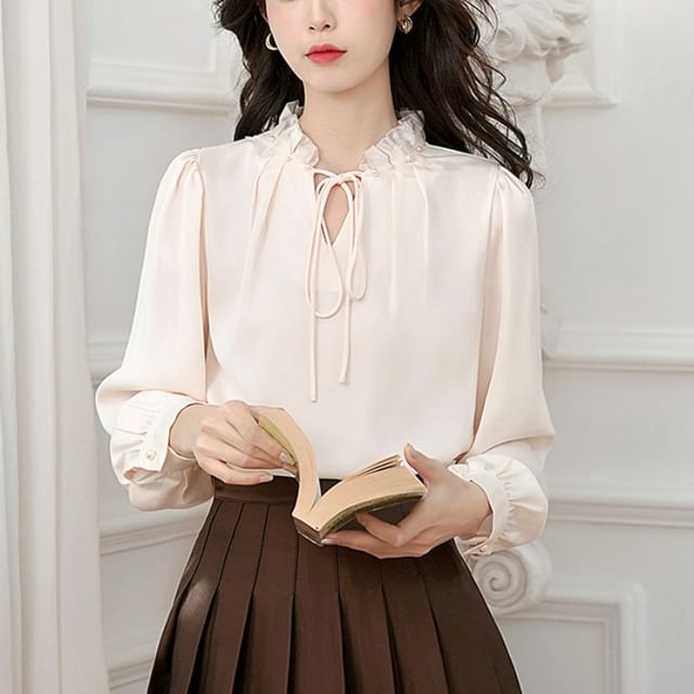 Dragan Pulse-Long Sleeve Tie Neck Plain Frill Blouse