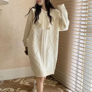 Essere-Collar Plain Pom Pom Cable Knit Sweater Dress