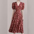 Aurora - Puff-Sleeve Floral Print Midi A-Line Dress