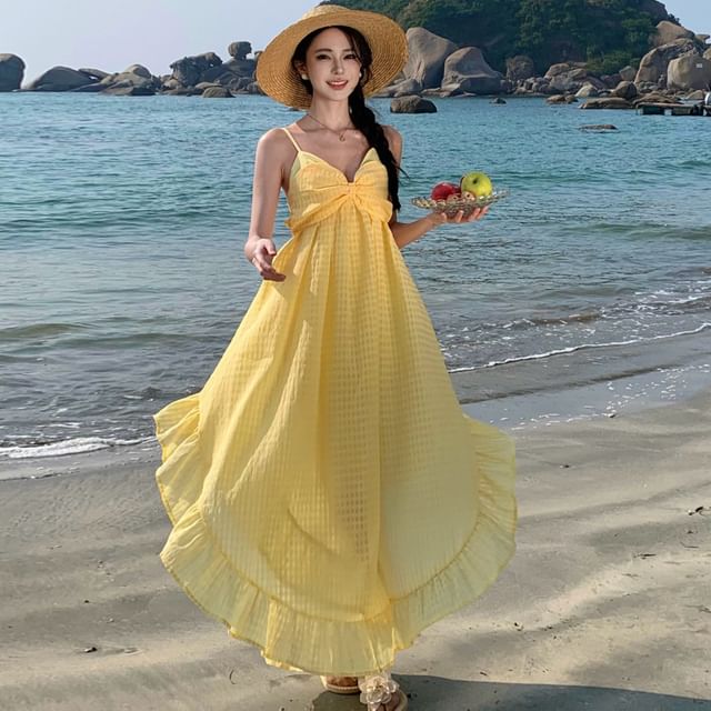 Moanum-Spaghetti Strap Plaid Open Back Asymmetrical Ruffle Trim Midi A-Line Dress