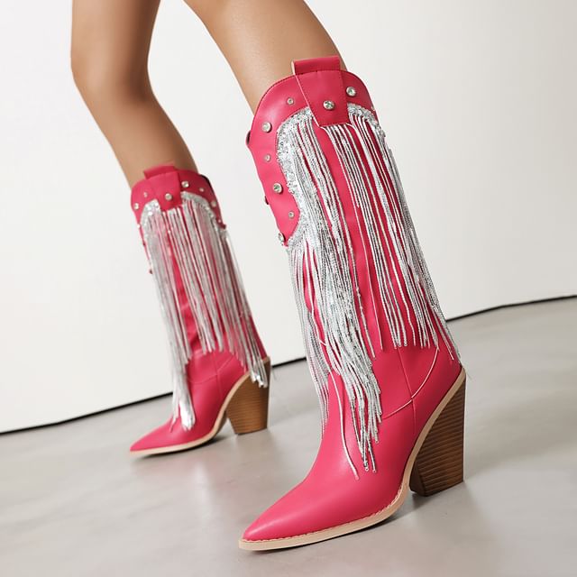 Anran-Block Heel Fringed Mid Calf Boots