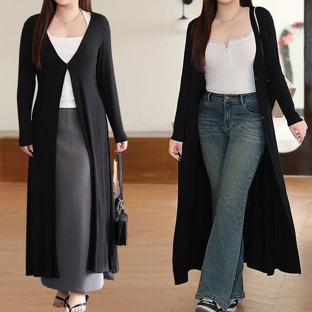 Telipino-Plus Size One Buttoned Plain Long Cardigan