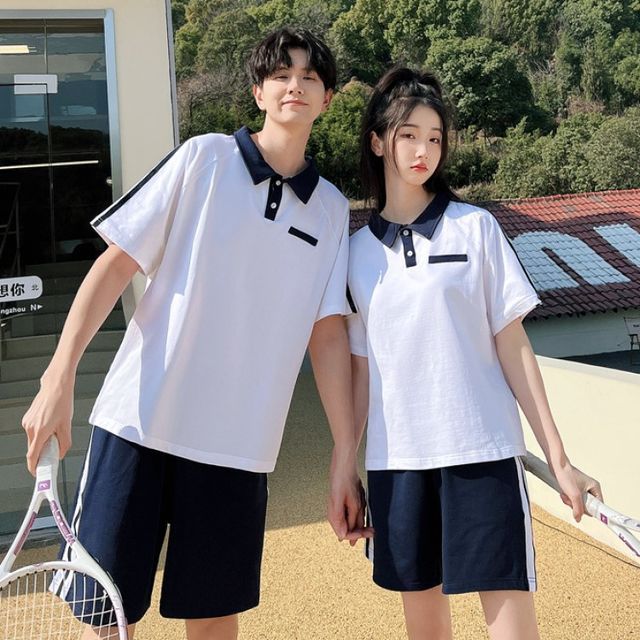 Azure Couple Matching Short-Sleeve Striped Polo Shirt High