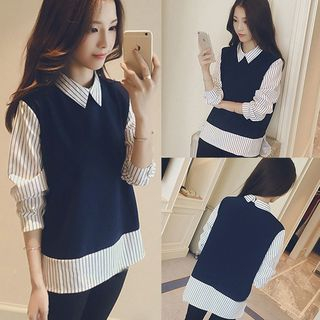 HYAKU-Mock Two-Piece Striped Panel Blouse