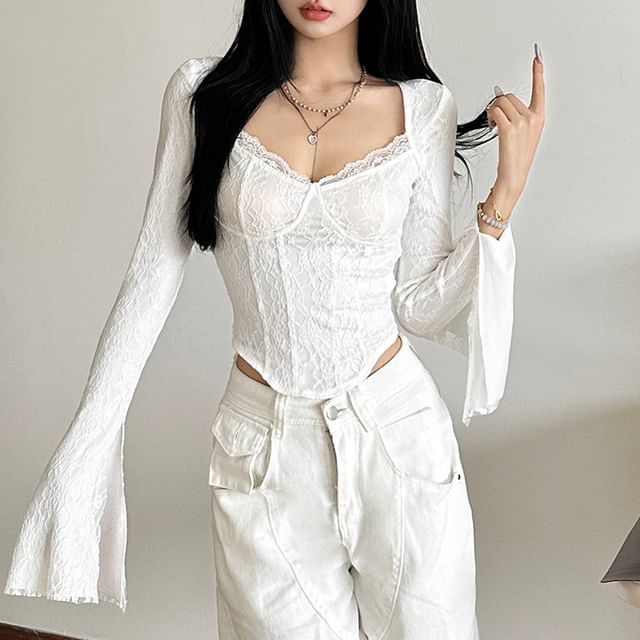 Sugarcoat-Flared-Cuff Sweetheart-Neckline Lace Top