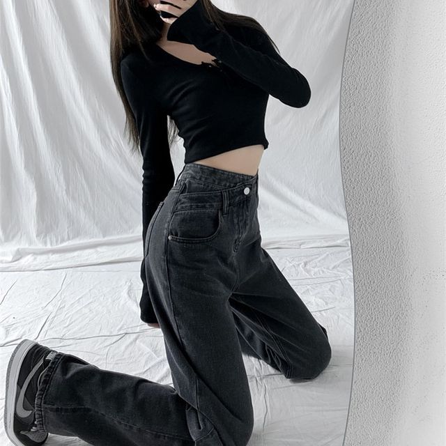 Loose Crop Tops And High Waisted Jeans Juku Girls High Waist Loose