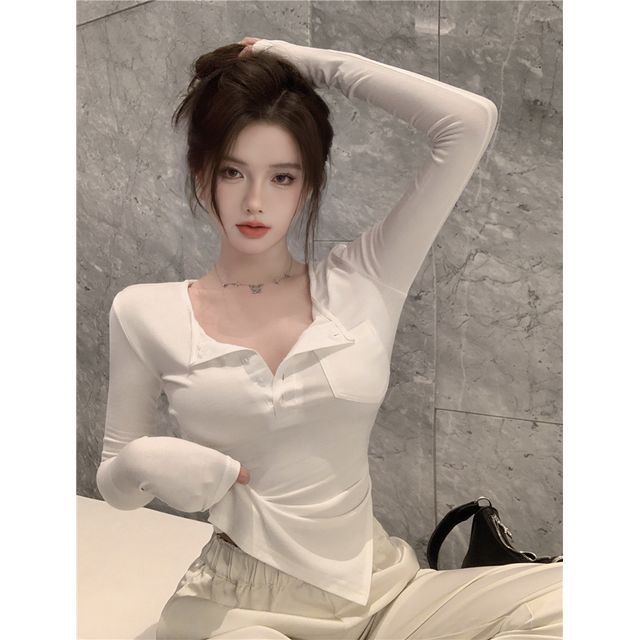 Dreamkura Long-Sleeve Henley Plain Asymmetrical T-Shirt YesStyle