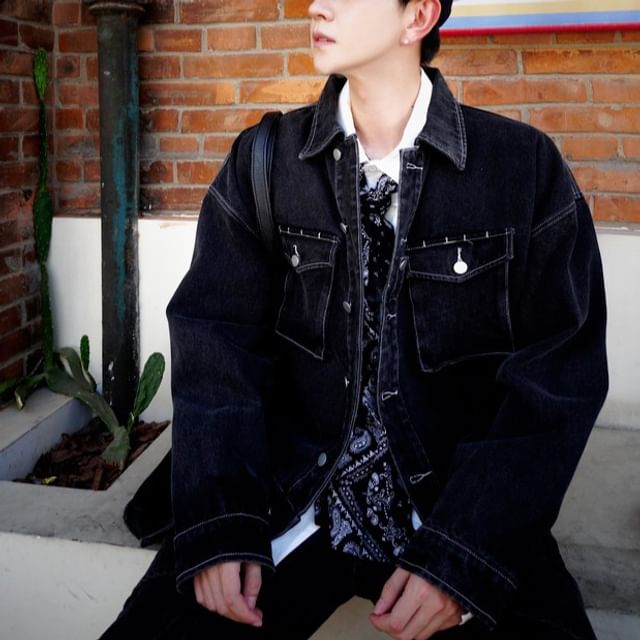 Real Boy-Collared Washed Button Denim Jacket