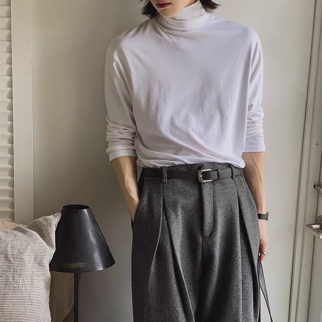 Omozando-Long Sleeve Turtleneck Plain T-Shirt