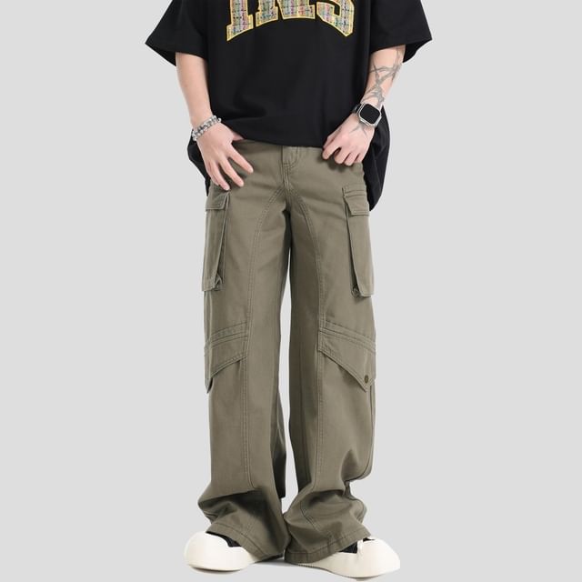 Banash-Mid Rise Plain Wide Leg Cargo Pants