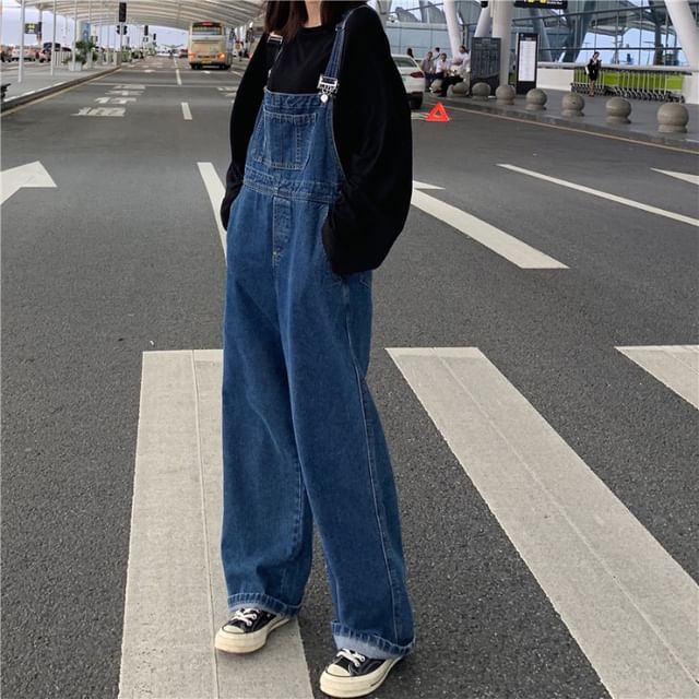 monroll-Plain Loose Fit Denim Dungaree