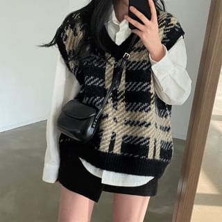 Tangihouse - Plain Shirt / Plaid Sweater Vest / Asymmetrical A-Line Mini Skirt