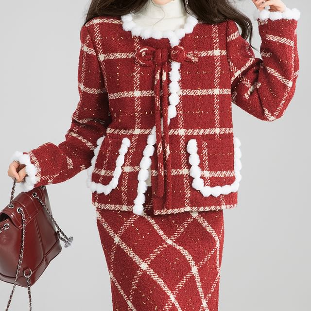 Keiko Girl-U-Neck Plaid Button-Up Crop Jacket