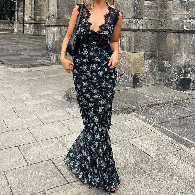 Trilake Sleeveless V-Neck Lace Trim Floral Print Maxi Sheath