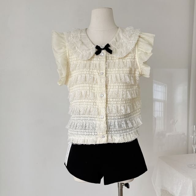 Lucuna-Sleeveless Patterned Lace Trim Blouse