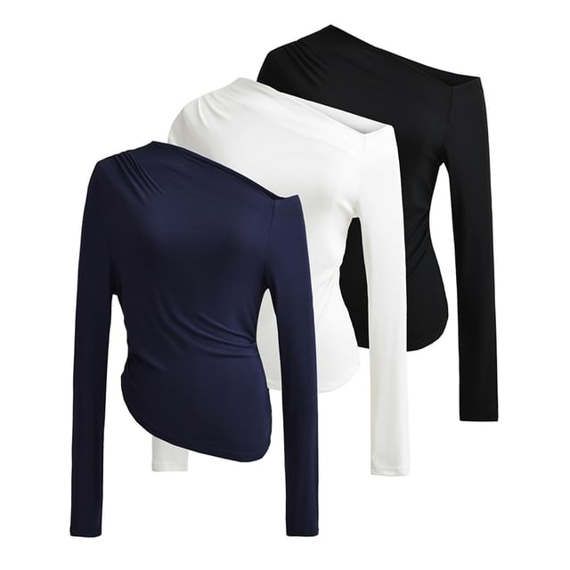 Ulark-Long Sleeve One Shoulder Ruched Crop Tee