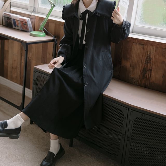 Psofia Ruffle Coat Posreflo - Collar Ruffle Trim Button Long Trench Coat | YesStyle