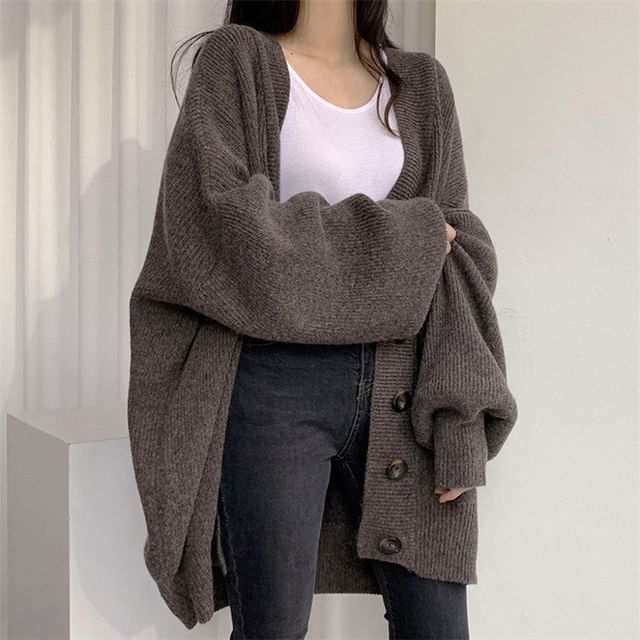 Bolgivy-Oversized Bubble-Sleeve V-Neck Cardigan