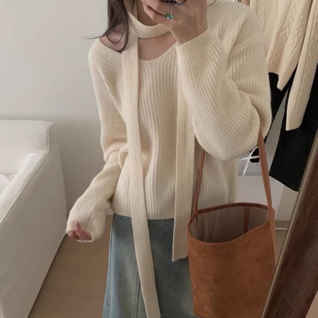 Cloud Nine-Set V-Neck Plain Ribbed Sweater Skinny Scarf