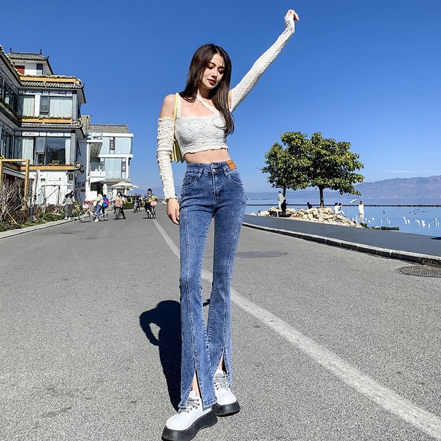 Denimot High Waist Slit-Hem Bootcut Jeans (Various Designs