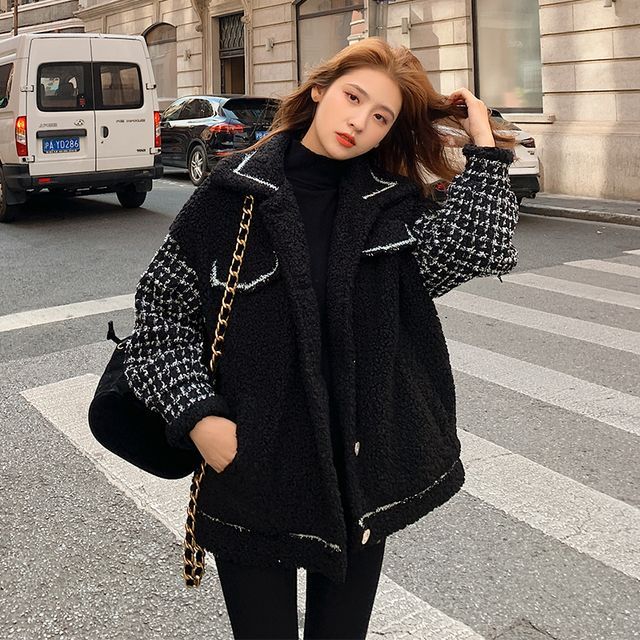 Tzarkozy Plaid Panel Faux Shearling Oversized Jacket YesStyle