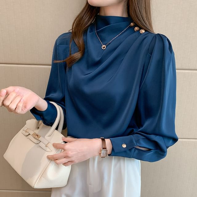 HYAKU-Long-Sleeve Mock Neck Plain Blouse
