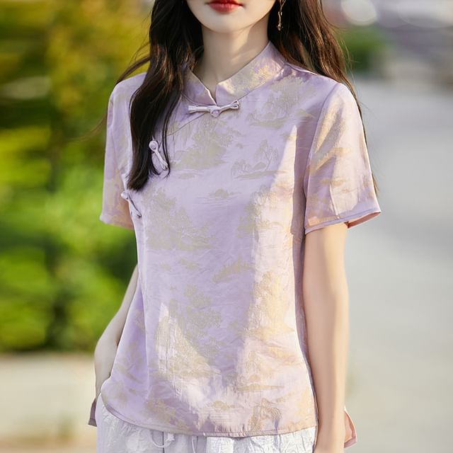Weelop-Short Sleeve Mandarin Collar Jacquard Top