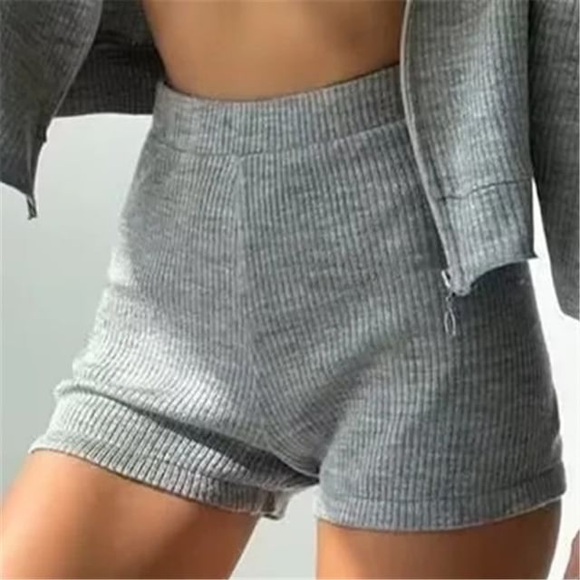 Asiris-High Waist Plain Ribbed Knit Shorts