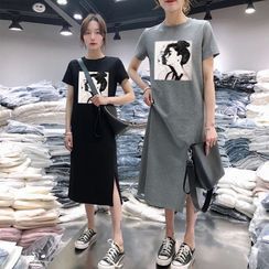 Minimince - Short-Sleeve Printed Midi T-Shirt Dress Minimince - Short-Sleeve Printed Midi T-Shirt Dress