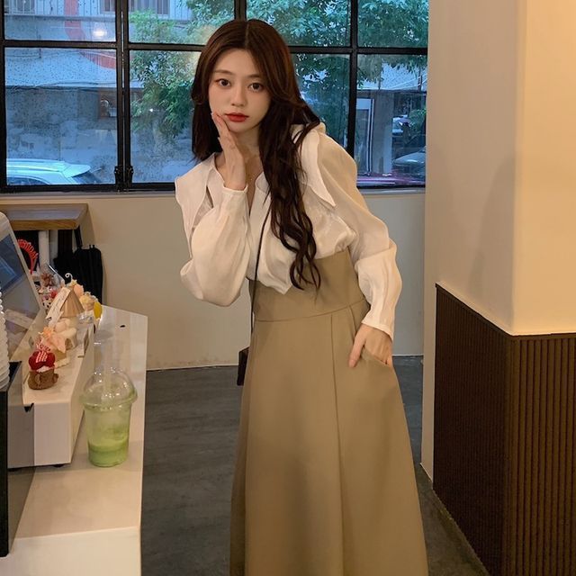 Closette Plain Blouse Midi A-Line Suspender Skirt YesStyle