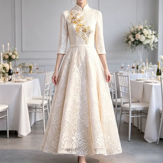 lace elbow sleeve dress Gold Sequin Lace Evening Gown with Elbow Sleeves