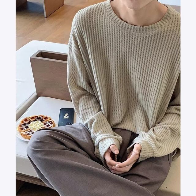 Real Boy-Crew Neck Plain Waffle Sweatshirt