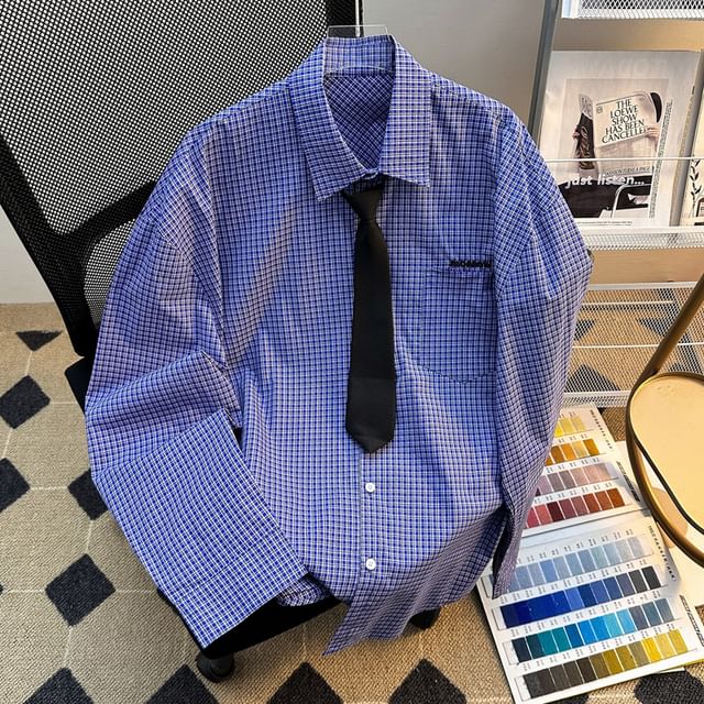 Plummie-Long-Sleeve Collared Plaid Button Up Shirt