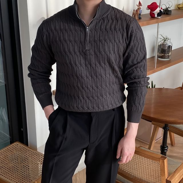 Okwano-Mock Neck Plain Half Zip Cable Knit Sweater