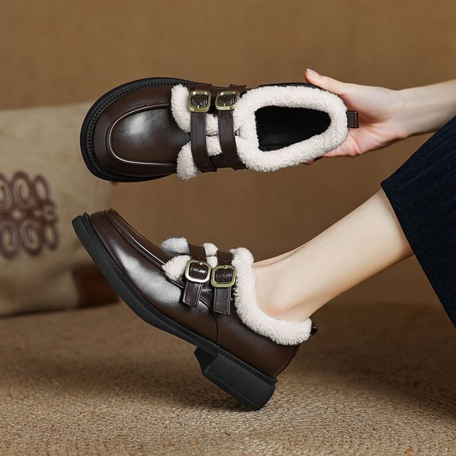 Cinnabelle-Buckled Fleece Trim Loafers