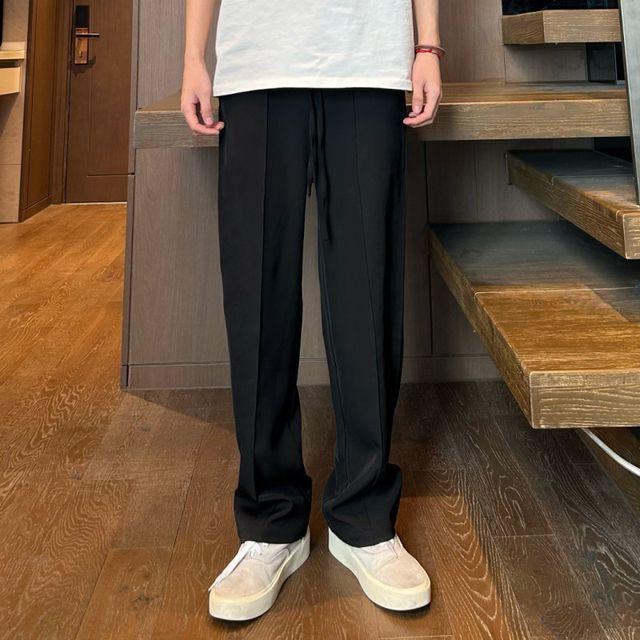 Adothuiastic-Drawstring Waist Plain Straight Leg Pants
