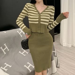 Robynn Set: V-Neck Striped Ribbed Crop Cardigan + Sleeveless Knit Sheath Dress Sale