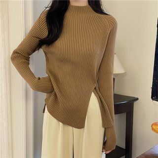 Waglowbie Mock Neck Plain Side Slit Ribbed Sweater Sale