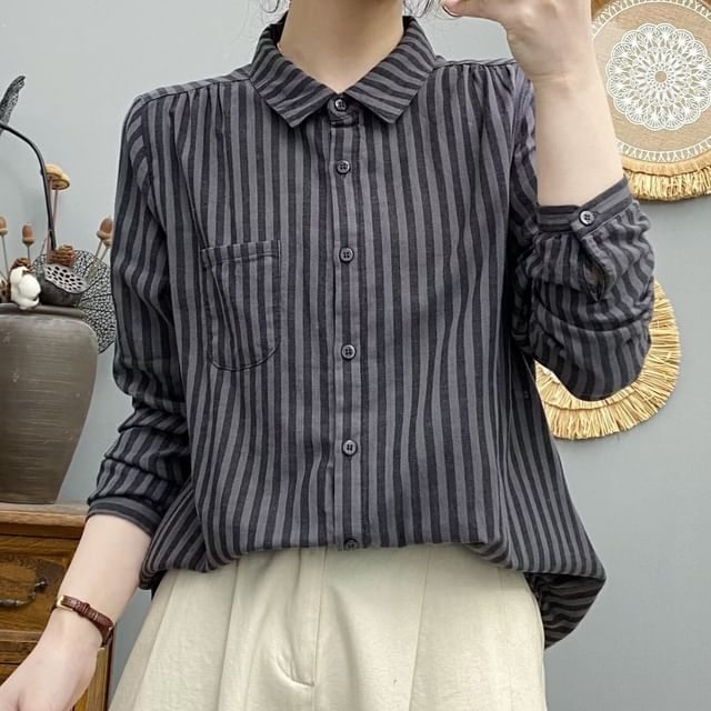 PANDAGO-Long-Sleeve Striped Button-Up Shirt